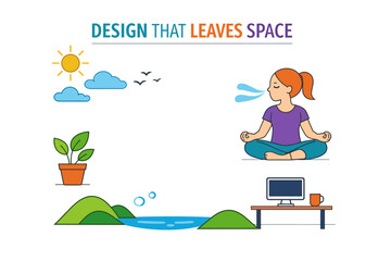 Fototapeta premium Woman meditating in nature-themed office with sun, clouds, and greenery