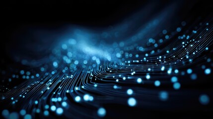 glowing blue abstract technology particles flow through a futuristic digital circuit board with radiant lines and dots in a dark background  