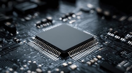 ai processor chip on a dark circuit board representing artificial intelligence and digital technology for web banners and presentations