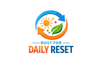 Obraz premium Colorful daily reset logo with sun, leaves, and arrows symbolizing renewal