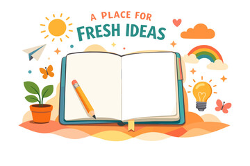 Open notebook with pencil surrounded by creative elements for fresh ideas