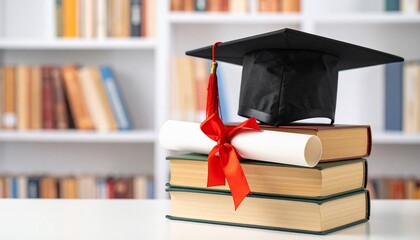 Graduation Cap, Diploma, and Stack of Books Symbolizing Academic Achievement