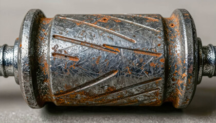 Close-up of a cylindrical steel component with deep diagonal grooves and orange oxidation. Horizontal composition, centered on a neutral background