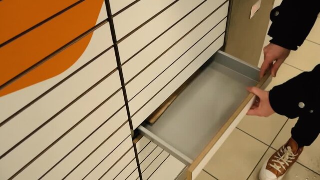 Top down footage of a person retrieving a parcel from an automated parcel locker drawer inside a modern retail mall environment with smooth cinematic motion