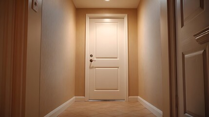 Interior hallway with a closed white door illuminated by soft warm light
