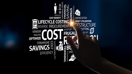 Naklejka premium A person hand interacts with business concepts about cost management, showcasing key terms like savings, procurement, efficiency, and lifecycle costing against a dark backdrop. Tessel