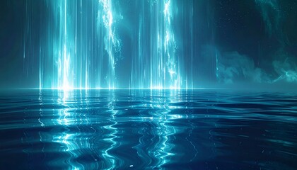 Blue ethereal light beams cascade into rippling water, creating a surreal and mystical scene