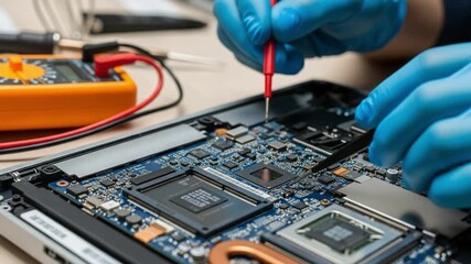 Technician repairing a laptop motherboard with a soldering tool and blue gloves on