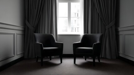 Two empty armchairs in a dimly lit room with drawn curtains framing a window