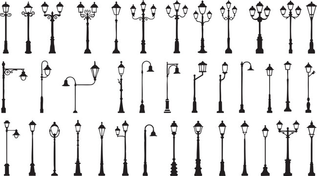 Collection of various street lamp silhouettes on white background