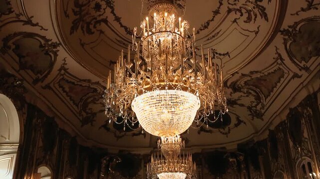 Slow upward reveal of an ornate crystal chandelier glowing with warm golden light in a richly decorated palace ballroom interior with artistic ceiling details