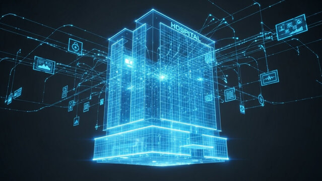 A futuristic blue neonlit building with a wireframe design and various digital elements surrounding it on a dark background with a sense of advanced technology and innovation