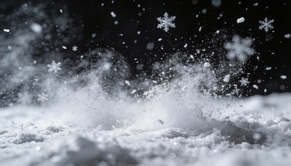 Fine white snow dust mixed with small snowflakes drifting in the air, isolated on black background, soft diffusion, subtle motion blur