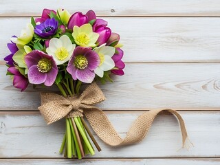 Bouquet of colorful crocuses tied with burlap on white wood