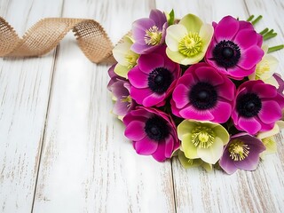 Bouquet of colorful hollyhock flowers on a rustic wooden background