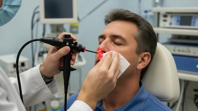 A doctor performing an endoscopy on a male patient in a medical setting with a red light
