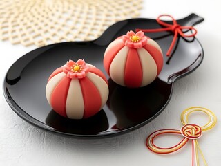 Traditional japanese sweets on a black dish with decorative strings