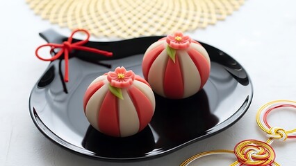 Traditional japanese sweets on a plate with decorative items