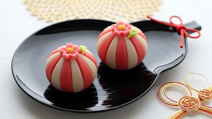 Two traditional japanese sweets on a black plate
