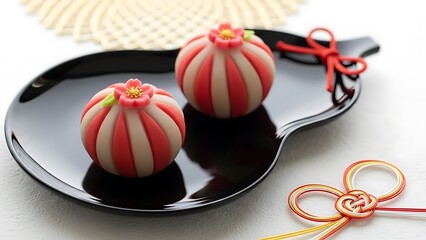 Traditional japanese sweets on a black plate with red and white stripes