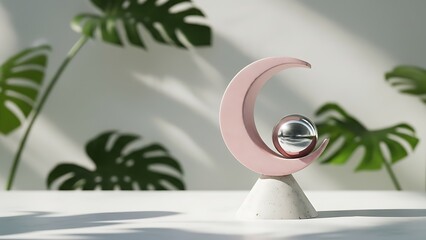 An elegant, modern abstract sculpture featuring a matte pink crescent shape and a balanced silver chrome sphere on a white concrete or marble base.