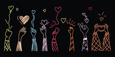 hand drawn love hand gestures with colorful hearts on black background, neon love hand sign doodle illustration with glowing hearts, minimal hand drawn love gesture line art with colorful hearts