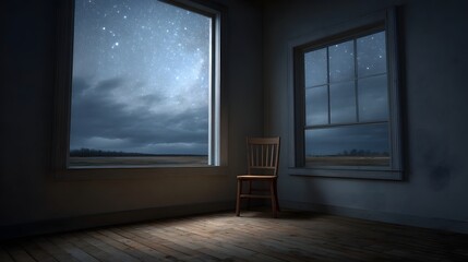 Fototapeta premium A solitary wooden chair in an empty room overlooks a vast starry night sky with clouds through two