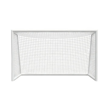 Detailed white soccer goal frame with net isolated on transparent background