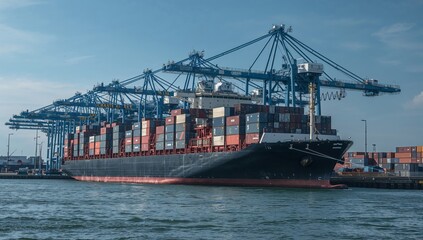 Fototapeta premium Large Cargo Ship at Port With Cranes Lifting Containers in Broad Daylight on a Clear Day
