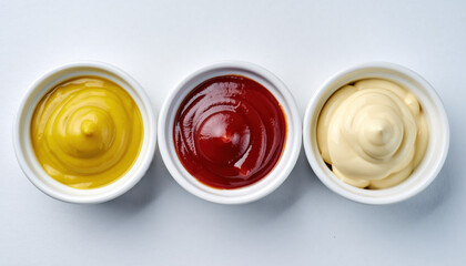 Generated image. Three cups containing mustard, ketchup, and mayonnaise on a white surface at a casual dining setting