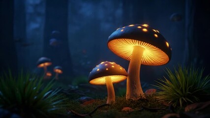 Glowing mushrooms in a dark forest with green plants and moss on the ground at night