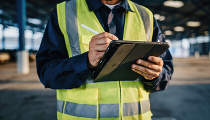 Generated image. Worker in safety vest holding tablet while taking notes in a warehouse during daylight hours