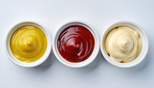 Generated image. Three cups containing mustard, ketchup, and mayonnaise on a white surface at a casual dining setting