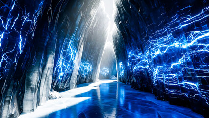 blue electric lightning in ice cave tunnel with shiny floor