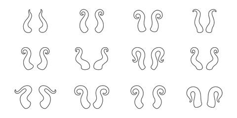 Outline set of fantasy horns. Decorative curved animal horn drawings for tattoo, tribal, monster, and illustration themes