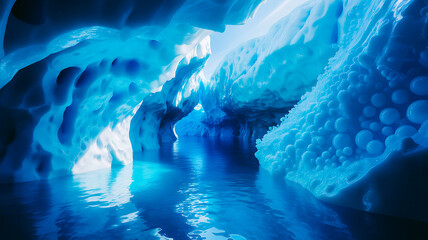 ice cave with blue water and ice formations