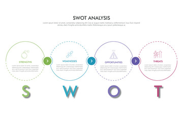 Obraz premium SWOT Analysis Infographics Diagram with Four Steps or Options. Business Advantages and Disadvantages. Colorful Presentation Template for Planning, Management, and Evaluation of Project.