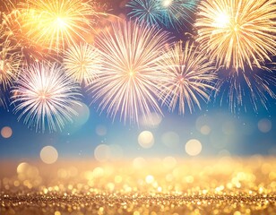 Dazzling display of colorful pyrotechnics bursting against a gradient blue sky, shimmering with gold foreground sparkle