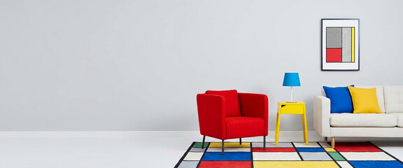 Bright pop art living room, primary color accents, simple furniture, clean copy space background, Adobe Stock ready
