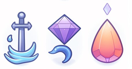 Decorative Gems: A trio of stylized gem-like elements, each crafted with distinct shapes and color palettes, hinting at themes of elegance and allure. 