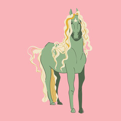 Vector illustration of a whimsical emerald green horse mascot featuring a fluffy white curly mane and tail. For print, products, posters, branding, and creative design projects