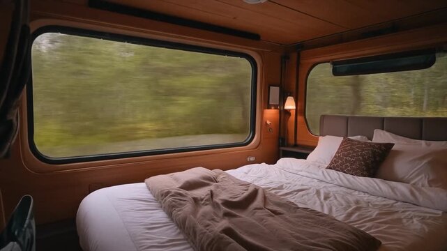 Train Cabin Bedroom with Bed and Forest View Through Large Window image photo