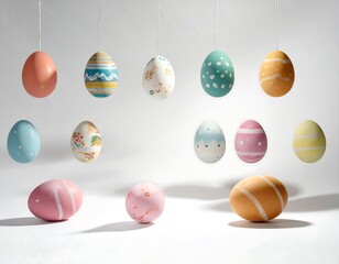 Decorative hanging pastel-colored eggs, varied patterns, against a plain white backdrop. Shadows present