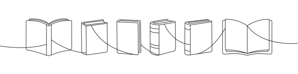 Minimalist contour drawing of open and closed books linked by a single flowing line