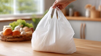 Hand Holding Plastic Bag Filled with Grocery Items in Sunlit Kitchen, Emphasizing Everyday Convenience and