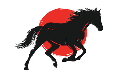 A dynamic silhouette of a running horse against a red sun or moon.