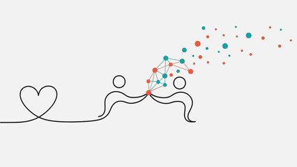 Stylish line art of two people connecting with network and heart