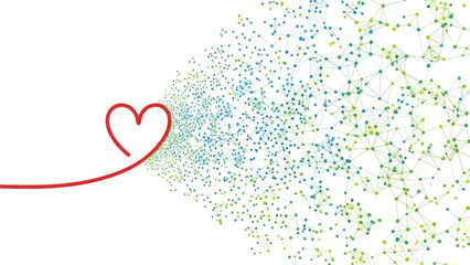 Heart symbol connects with vibrant network of dots and lines in blue green