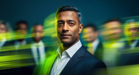 Business portrait of decisive manager framed by vivid green dynamic streaks and blue blurred peers