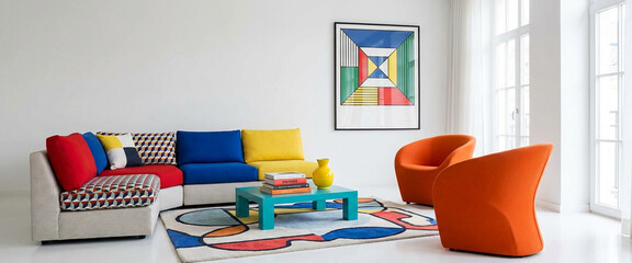 Modern pop art interior, colorful geometric patterns, vibrant furniture, white background, clean composition, stock photo style